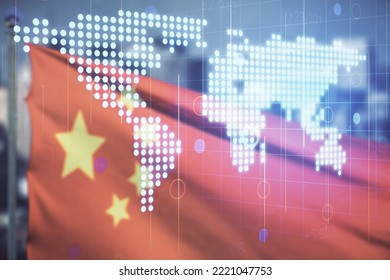 Abstract creative world map interface on flag of China and blurry cityscape background, international trading concept. Multiexposure