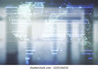Abstract creative world map interface on empty corporate office background, international trading concept. Multiexposure
