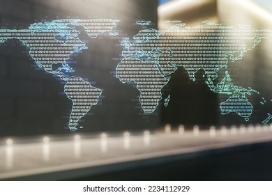 Abstract creative world map interface on blurry modern office building background, international trading concept. Multiexposure