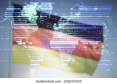 Abstract creative world map interface on flag of Germany and sunset sky background, international trading concept. Multiexposure