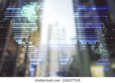 Abstract creative world map interface on office buildings background, international trading concept. Multiexposure