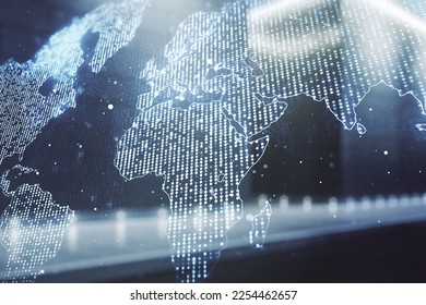 Abstract creative world map interface on blurry modern office building background, international trading concept. Multiexposure