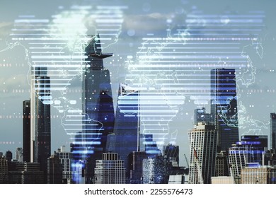 Abstract creative world map interface on New York city skyline background, international trading concept. Multiexposure
