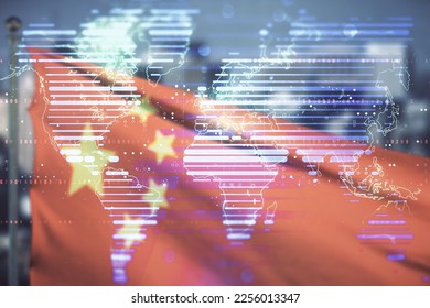 Abstract creative world map interface on flag of China and blurry cityscape background, international trading concept. Multiexposure