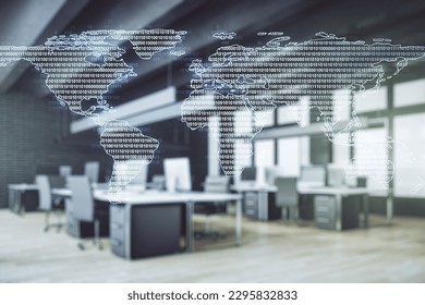 Abstract creative world map interface on a modern furnished office background, international trading concept. Multiexposure