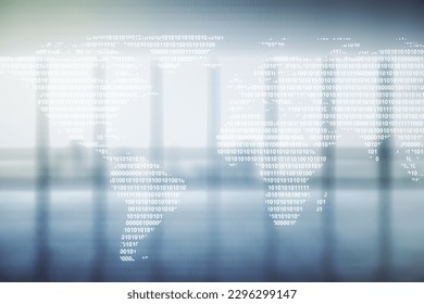 Abstract creative world map interface on empty corporate office background, international trading concept. Multiexposure