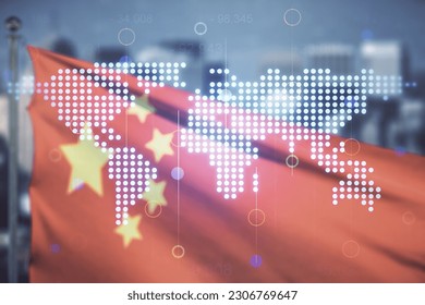 Abstract creative world map interface on flag of China and blurry cityscape background, international trading concept. Multiexposure