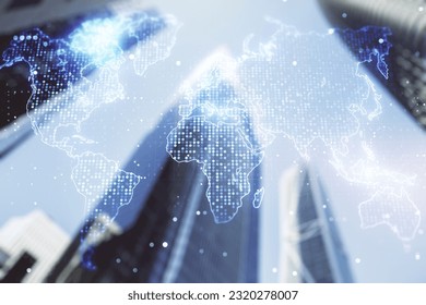 Abstract creative world map interface on office buildings background, international trading concept. Multiexposure