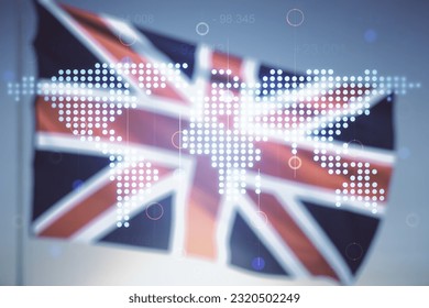 Abstract creative world map interface on flag of Great Britain and sunset sky background, international trading concept. Multiexposure
