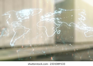 Abstract creative world map interface on blurry modern office building background, international trading concept. Multiexposure
