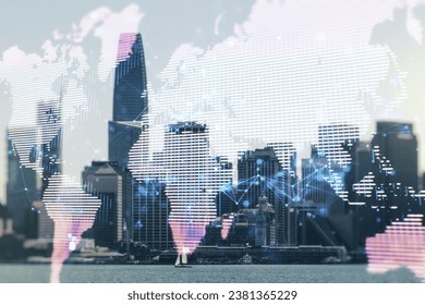 Abstract creative world map interface on San Francisco skyline background, international trading concept. Multiexposure