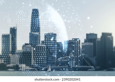 Abstract creative world map interface on San Francisco skyline background, international trading concept. Multiexposure