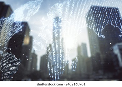 Abstract creative world map interface on office buildings background, international trading concept. Multiexposure - Powered by Shutterstock - Get 15% off with code: PIKWIZARD15