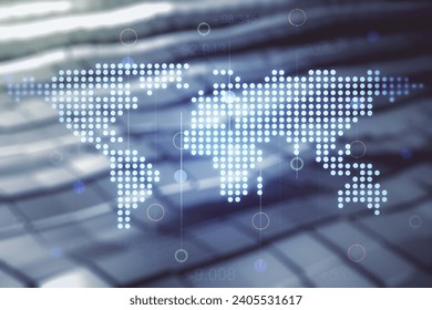 Abstract creative world map interface on blurry abstract metal background, international trading concept. Multiexposure
