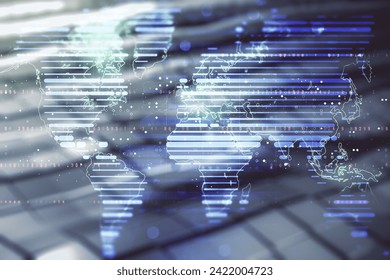 Abstract creative world map interface on blurry abstract metal background, international trading concept. Multiexposure