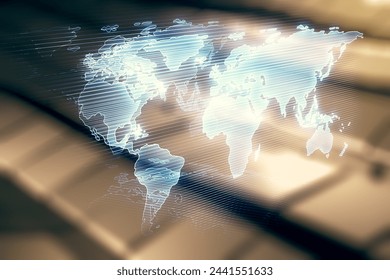 Abstract creative world map interface on blurry abstract metal background, international trading concept. Multiexposure