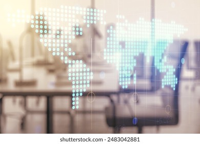Abstract creative world map interface on a modern furnished office background, international trading concept. Multiexposure