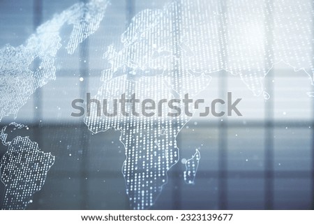 Abstract creative world map interface on empty corporate office background, international trading concept. Multiexposure