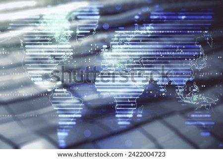 Abstract creative world map interface on blurry abstract metal background, international trading concept. Multiexposure