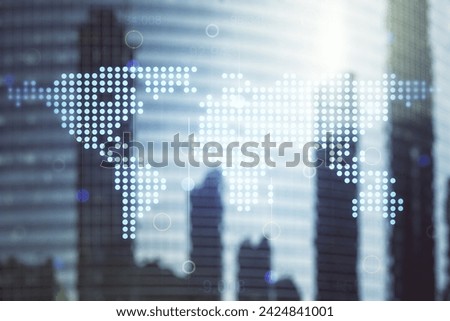 Abstract creative world map interface on office buildings background, international trading concept. Multiexposure