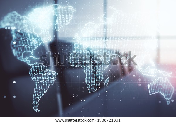 Abstract creative world map interface on a\
modern conference room background, international trading concept.\
Multiexposure