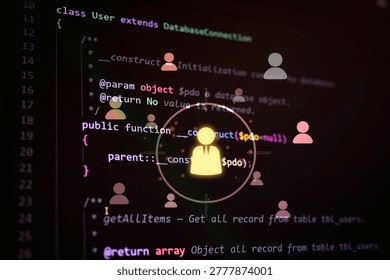 Abstract cybersecurity interface with user network icons over programming code on a dark screen, representing digital identity, data protection, access control, online security, and technology systems.