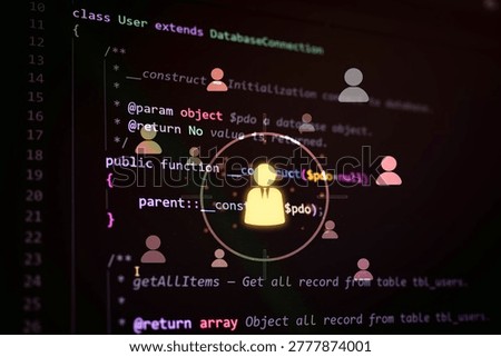 Abstract cybersecurity interface with user network icons over programming code on a dark screen, representing digital identity, data protection, access control, online security, and technology systems.