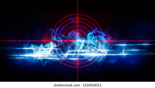 Abstract dark background with rays, laser red sight and neon light. Empty tunnel, room, basement night view of a dark room. Wet asphalt in the night city, reflection. Neon red circle, smoke, spotlight