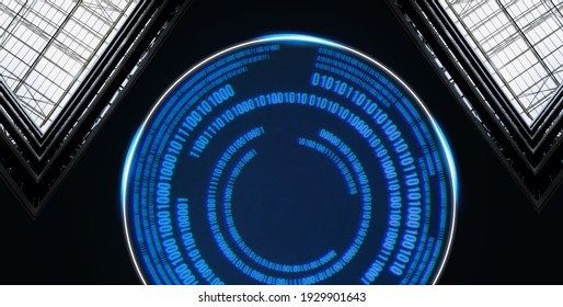 Abstract dark geometric background. Blue neon circle. Futuristic holographic interface to display data. Digital art.