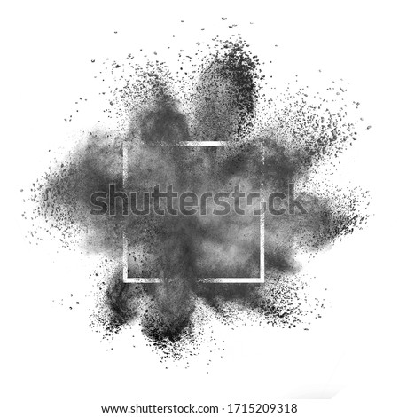 Abstract dark gray powder splash or explosion in a square frame on a white background, copy space.
