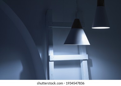 Abstract Dark Interior Background, Hanging Spot Lights In Blue Room