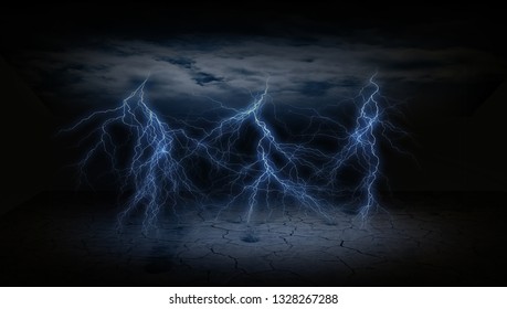 Abstract Dark Lightening Bolt With Ceiling Clouds And Cracked Dry Ground In A Dark Background