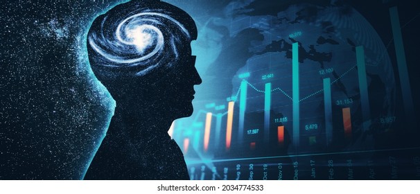 Abstract dark man head space outline with forex chart. Brainstorm and trade concept - Shutterstock ID 2034774533