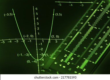 Abstract dark mathematical background with light green figures and graphs