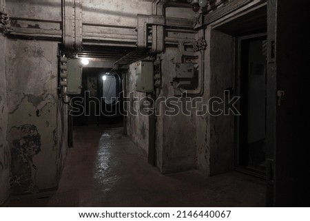 Abstract dark military bunker interior, grungy underground rooms