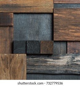 Abstract Dark Wood Block Collage Background.