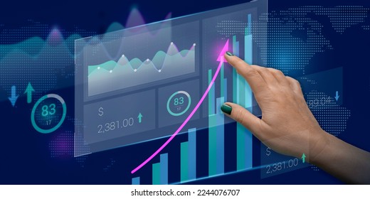 Abstract data analysis, financial graph, infographic against map background. SEO Search Engine Optimization, financial and trading concept. Flow Analysis, Advertising Market Research.