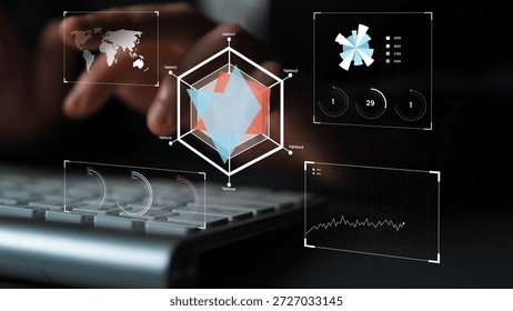 Abstract data visualization concept with hands on keyboard displaying graphs, charts, and world map indicating technology and analytics trends Gluon.