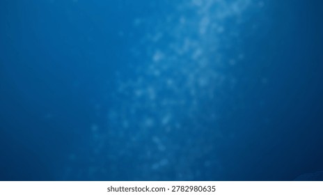 An abstract deep blue background features blurred light particles, resembling an underwater scene or a bokeh effect.