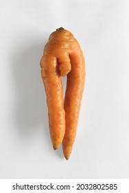 Abstract and deformed fresh carrot looks like human figure with two legs and genital. Weird and funny fruits and vegetables.