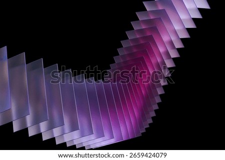 Abstract design of layered, shifting rectangles in shades of purple and violet