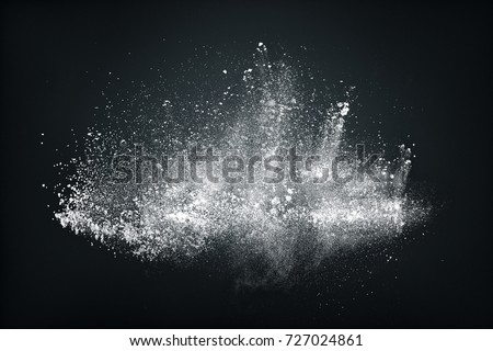 Abstract design of white powder snow cloud explosion on dark background