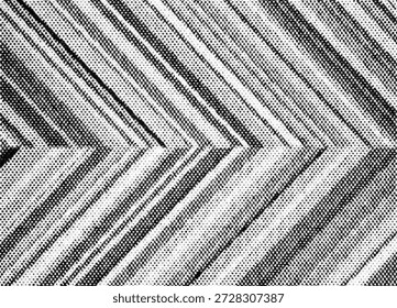 Abstract diagonal chevron pattern made of halftone dots, forming layered zigzag arrows across a white textured paper background. Retro print, gritty monochrome texture.