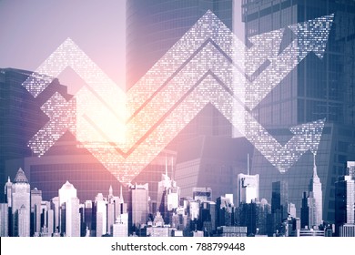 Abstract Digital Arrows On City Background. Technology, Success And Growth Concept. Double Exposure 