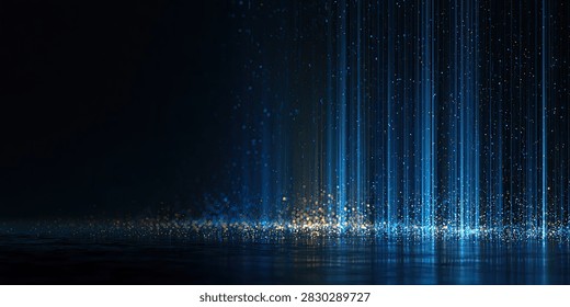 Abstract digital art featuring vertical blue light streaks emanating from a dark, reflective surface, creating a sense of depth and mystery.