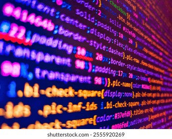 Abstract digital background. Developer work. Jquery code background. Color coding on screen. Colorful code background. Science background. Demand for experienced programmers. Coding concept.