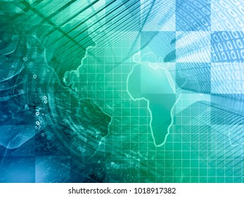 Abstract digital background - digits, map and buildings, in greens and blues.