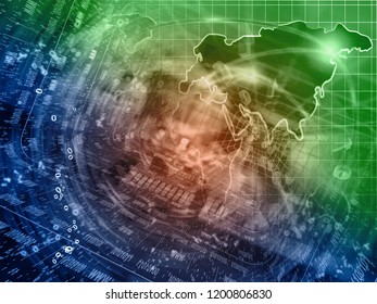 Abstract digital background - digits, map and device.