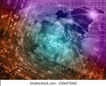 Abstract digital background - digits, map and device.