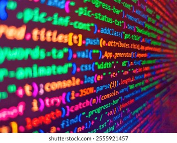 Abstract digital background featuring binary code with vibrant pink and blue colors. Template of website, selective focus. Coding concept. Computer programming source code. Genome sequencing.